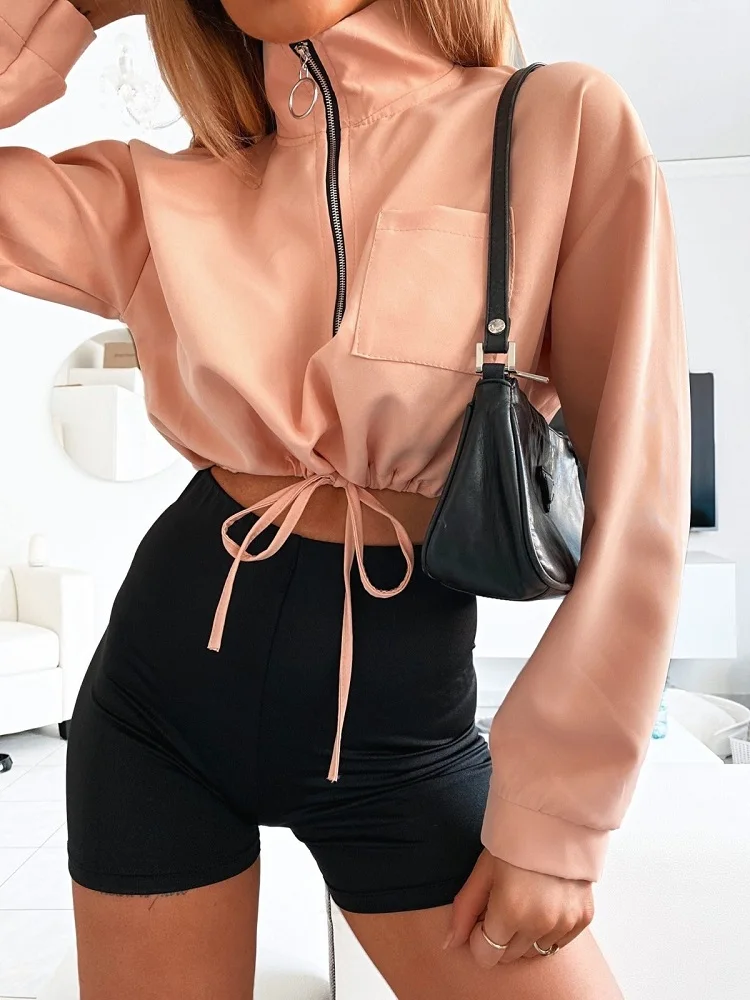 

Women 2020 Fall Stand Collar Zipper Pullovers Fashion Streetwear Pocket Long Sleeve Drawstring Solid Color Crop Top for Women
