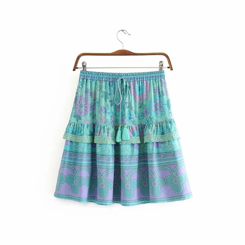 BOHO сексуальные юбки с кисточками на шнуровке с кружевным украшением юбка с регулируемой талией из вискозы с принтом Летняя мини юбка Повседневная jupe femme KNOYEER - Цвет: Skyblue