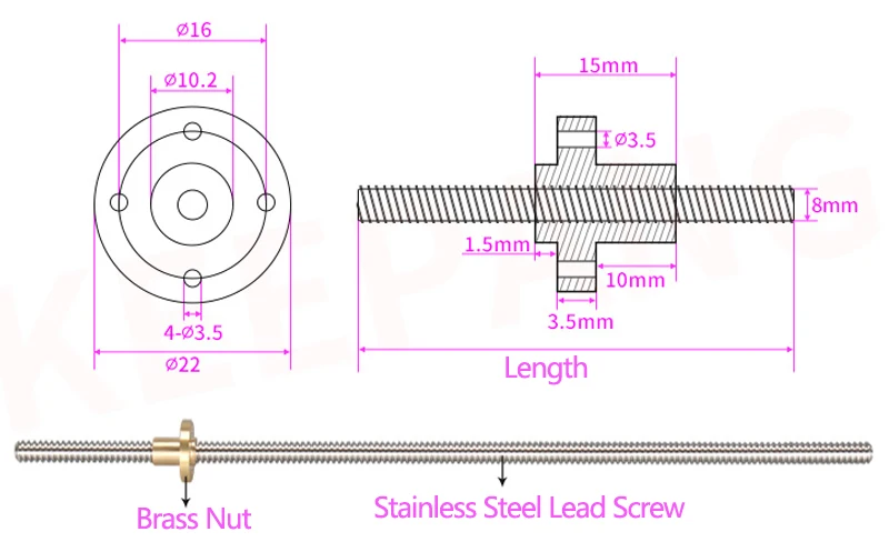 304 Stainless Steel Threaded Rod Lead Screw with T8 Brass Nut for 3D Printer Machine Z Axis Linear Guides Stepper Motor hp latex printhead