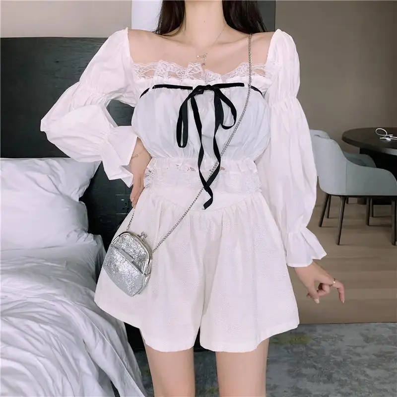 blouses & shirts Sexy Top Women Blouse With Lace Up Off Shoulder Tops Puff Sleeve White Shirt Vintage Ruffle Crop Top Solid Color Black Female shirts & tops