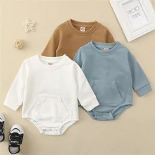 

0-18 Months Newborn Baby Cotton Solid Color Romper Kids Boy Girl Casual Long Sleeve Front Pocket Bodysuit Spring Autumn