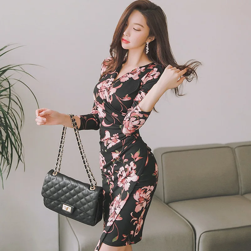 

2019 Spring And Summer New Style Korean-style Debutante Elegant Shirred V-neck Fashion Printed Slim Fit Sheath Dress