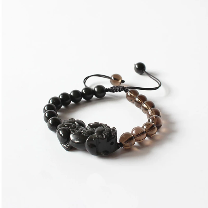 

Wholesale Chinese Traditional Pixiu Dragon Black Obsidian With Smoky Crystal Beads Mens Bracelet Lucky Jewelry Adjustable Size