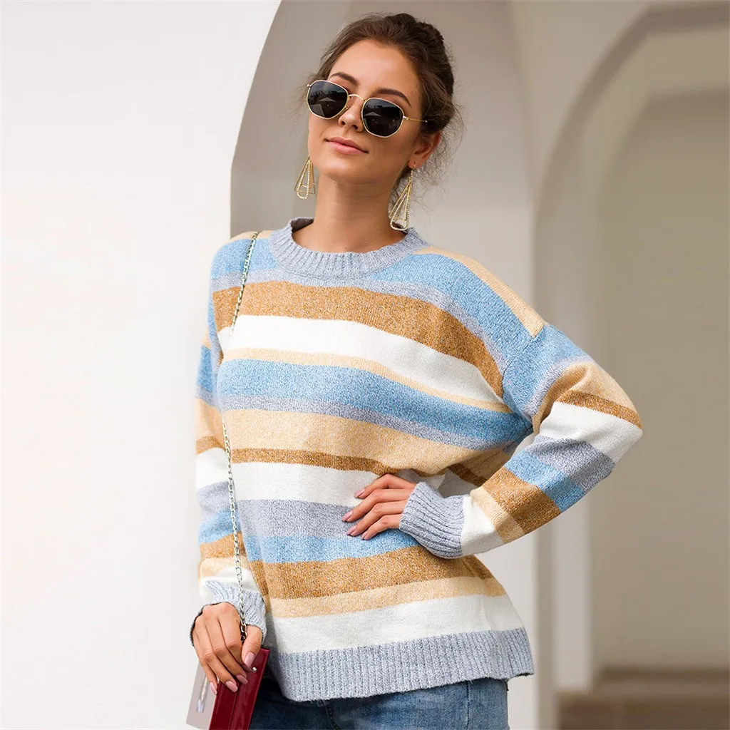 SAGACE женский свитер в полоску с круглым вырезом, вязаный свитер, высокое качество, женский свитер с длинным рукавом в стиле пэчворк
