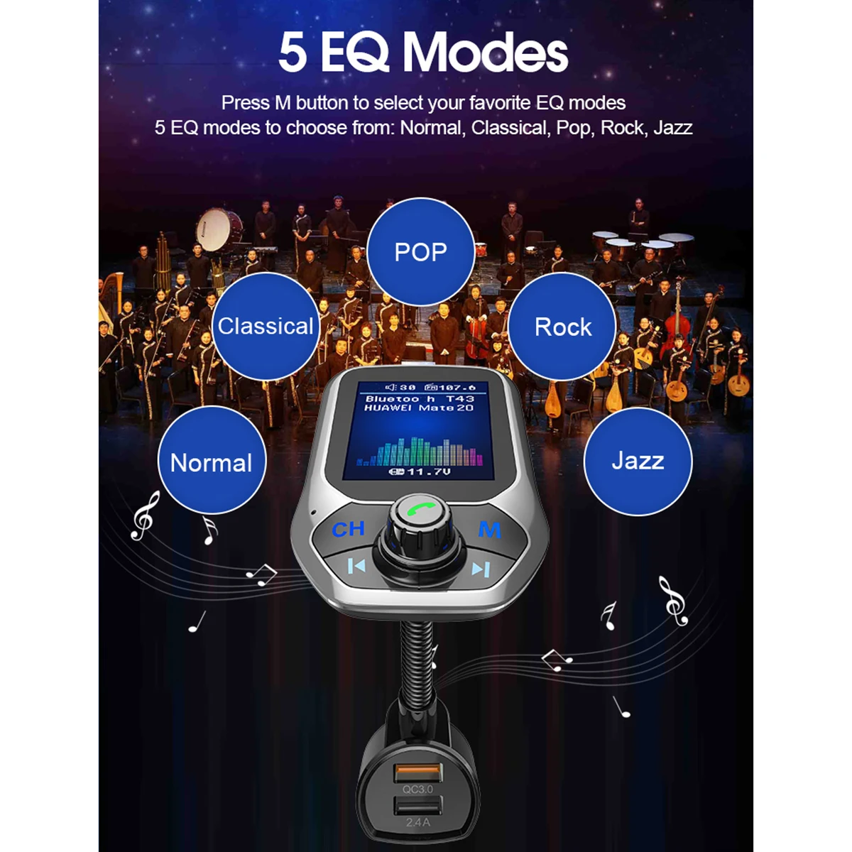 DC 12 V/24 V Автомобильный Bluetooth 4,2 Беспроводной Hands-free FM передатчик 1,8 дюймов TFT Экран Автомобильный MP3-плеер QC3.0 Dual USB Зарядное устройство
