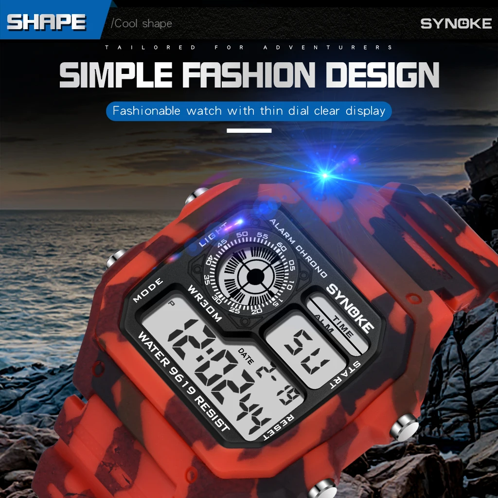 SYNOKE Shock детские наручные часы, военные камуфляжные детские часы для мальчиков, 5 бар, водонепроницаемые часы с будильником, светящиеся многофункциональные часы