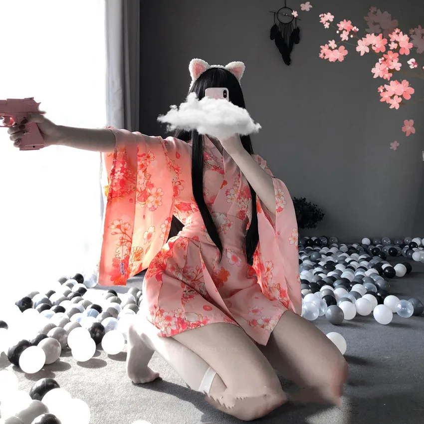 Kimono Dress Japanese Style Woman Sakura Sexy Girl Haori Vintage Yukata Bathrobe Sexy Uniform Nightgown Pajamas Party Clothes