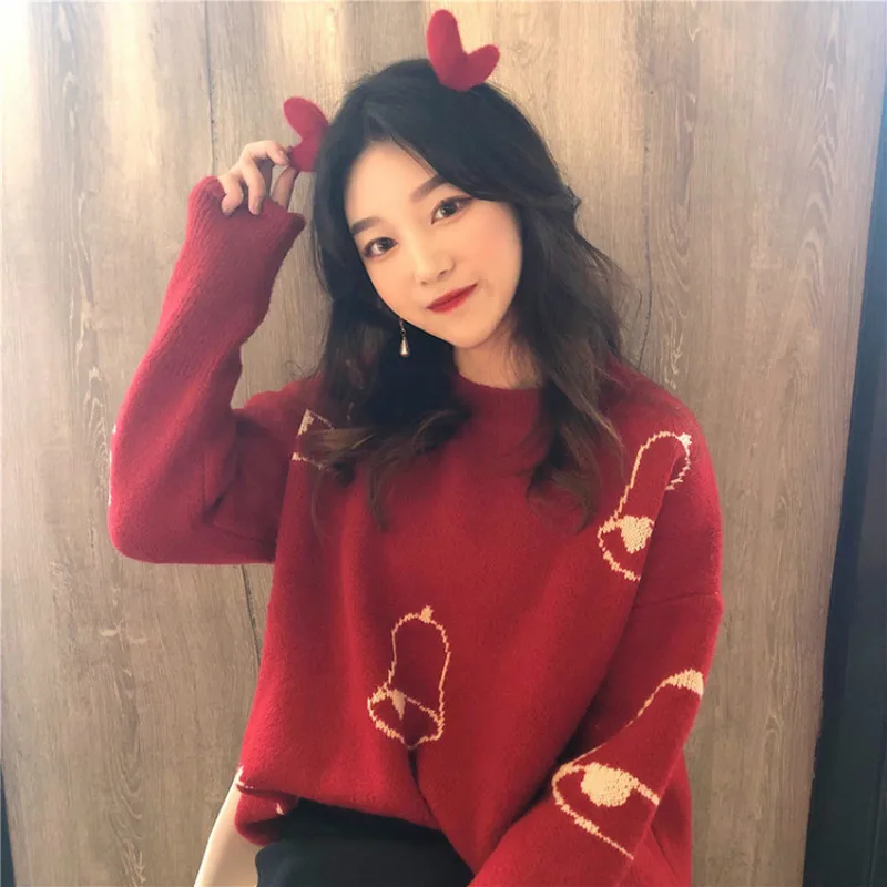 Sweaters Woman Pullovers Christmas 2020 Round Neck Maglioni Korean Vintage Fluffy Large Size Red Sweatshirts Jersey Mujer Lady