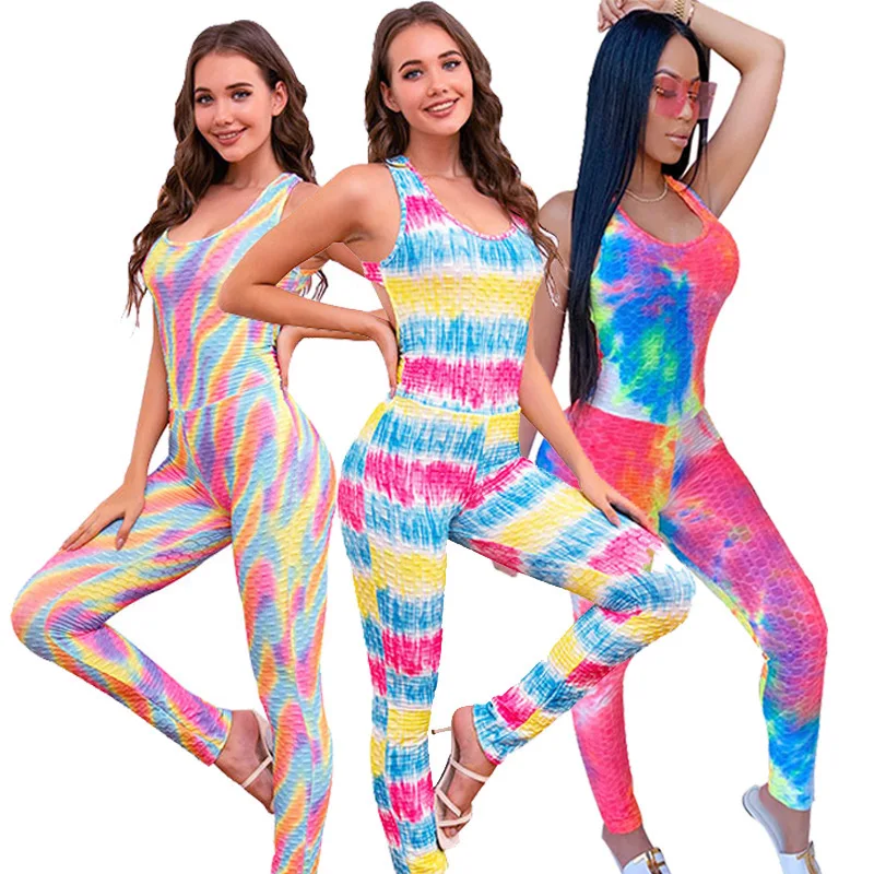 

Women Tie Dyed Romper Jumpsuit Summer Casual Jumpsuit Sleeveless Off-Shoulder Backless Criss Tight Elastic Home Striped Pants