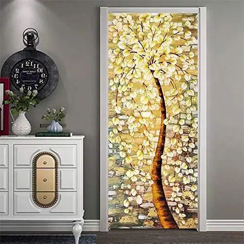 

Oil-painting Golden Leaves Tree Door DIY Home Decor Decals Wallpaper On Door Waterproof Mural For Bedroom Door Renovation