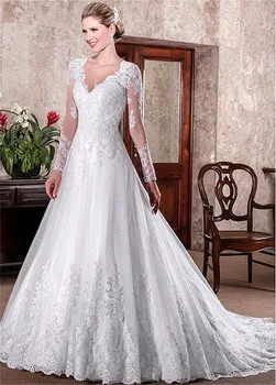 

Long Sleeves Natural Waist Wedding Dresses A-Line Bridal Gowns Lace Appliques Backless Sexy Women Church Ladies Wedding Gown