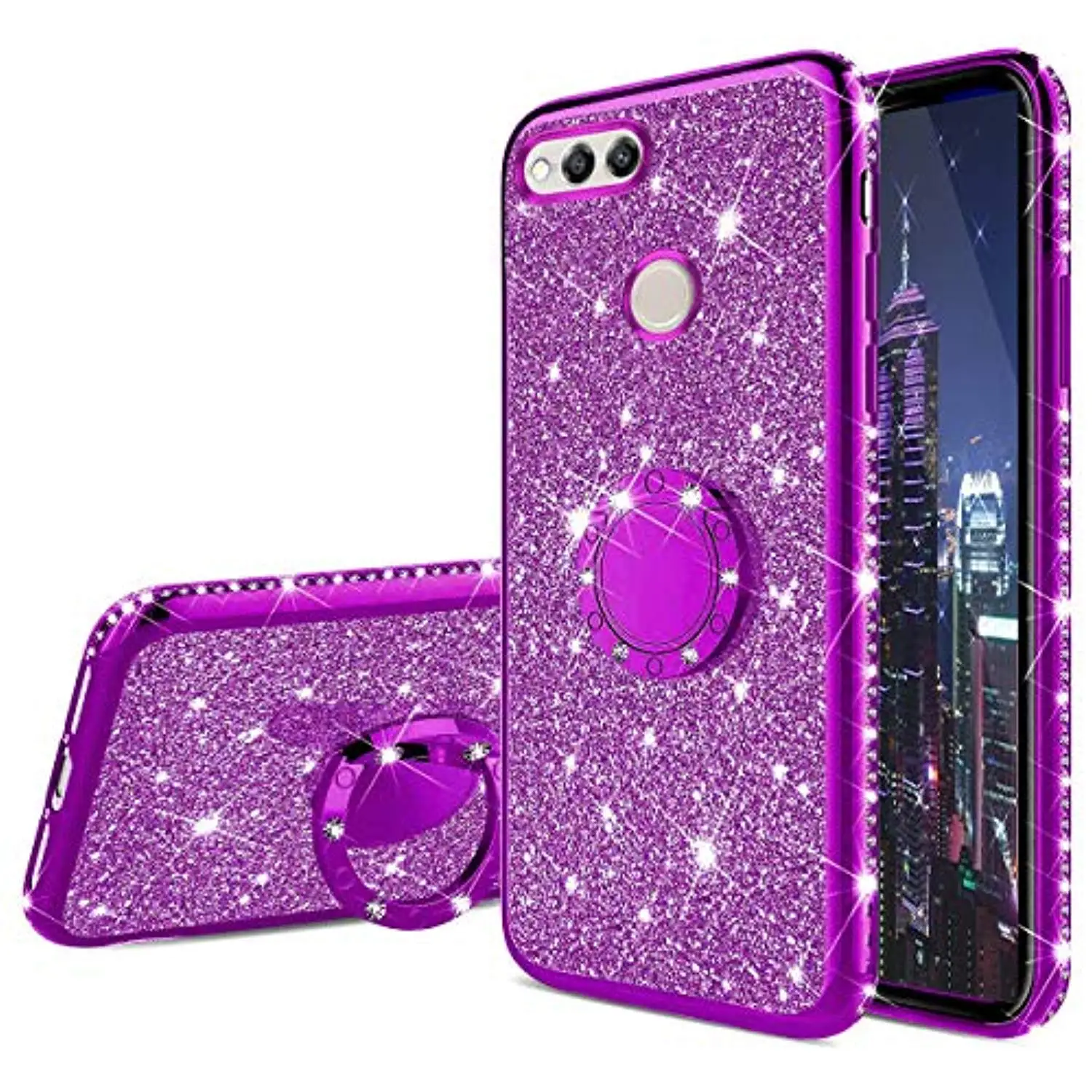 

Luxury Ring Holder Stand Diamond Case for Huawei Honor 7X 8X 9 10 Lite P Smart Z Plus Cover TPU Soft Glitter Plating Phone Cases