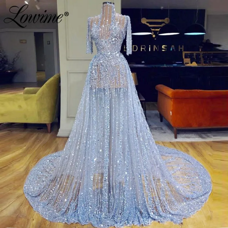 Illusion Couture CrystalBeaded Prom Dresses A Line Half Sleeves Blue Evening Gowns Sheer Tulle Celebrity Party Dress See Through | Свадьбы и