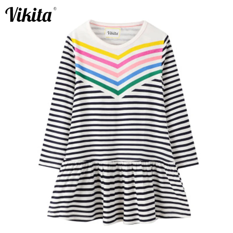 

VIKITA Girl Striped Cotton Dresses with Animal Applique Vestidos Kids Unicorn Party Dresses for Girls Clothes Casual Dress 2-7Y