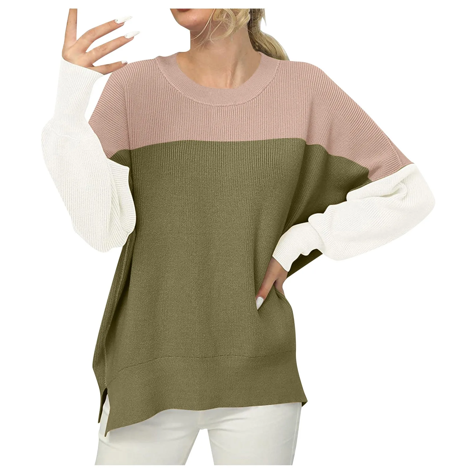 Women's Sweater Oversized Bat Sleeve Long Sleeve Contrasting Round Neck Side Slit Pullover Patch Pullovers Sweater Female Tops 2