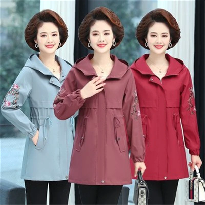 

2021 Spring Autumn Fashion New Mid-Length Middle-Aged And Elderly Women's Hooded Long-Sleeved Windbreaker Jacket Trend H314