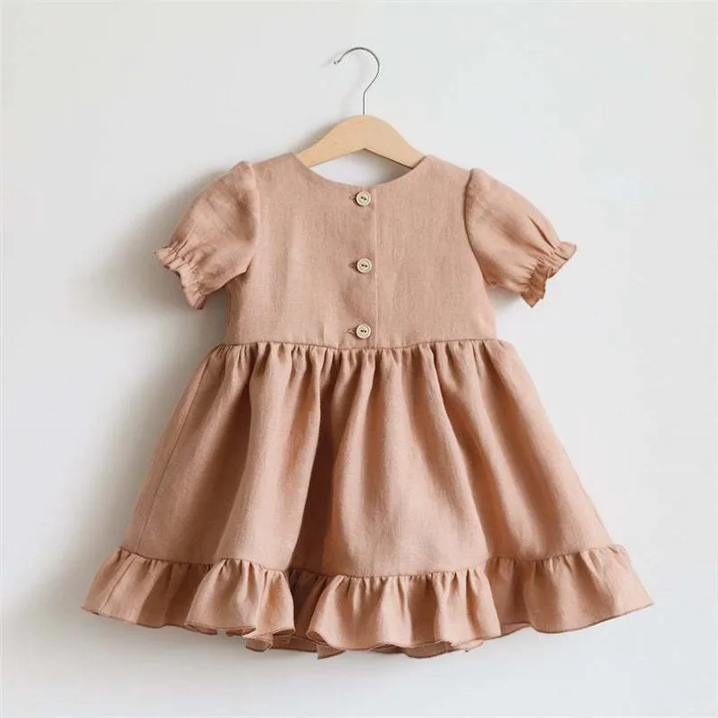 Linen Cotton Kids Dresses for Girls Clothes Short Puff Sleeve