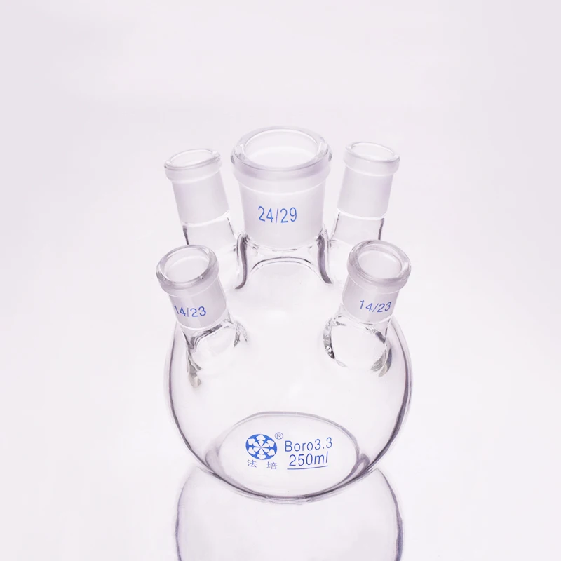 

Five-necked flask oblique shape,with Five necks standard ground mouth 250ml,Main 24/29,Side 14/23,Five-necked flat bottom flask