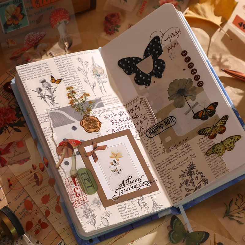Simno 100 Sheets Flowers Mushroom Stickers Retro Literary Decorative Sticker Set Stationery Wholesale