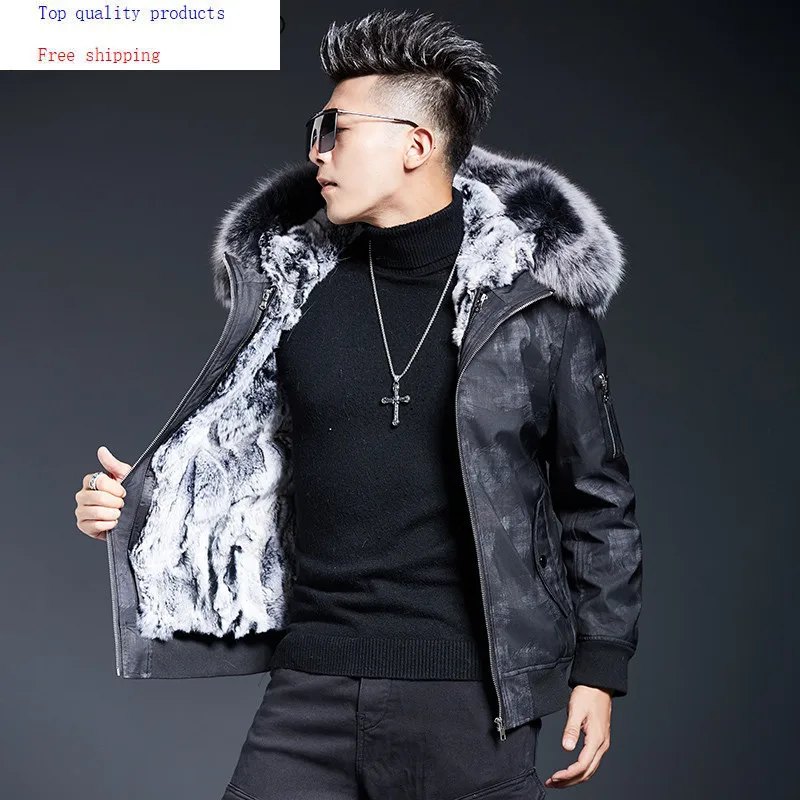 

Mens Parka Real Fur Coat Natural Rex Rabbit Fur Liner Short Winter Jacket Fox Fur Collar Parkas Hombre 2020 19880 KJ3452