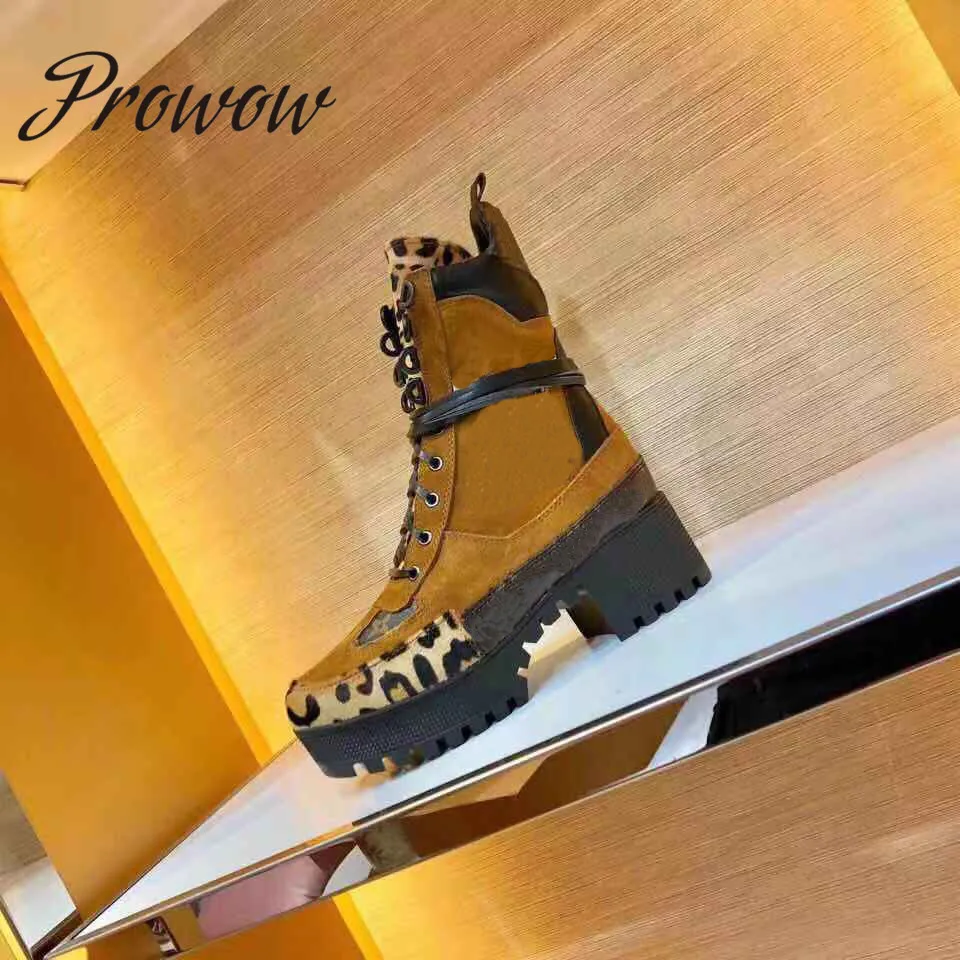 

Prowow New Genuine Leather Round Toe Platform Autumn Winter Boots Thick Heel Lace Up Leopard Ankle Boots Shoes Women