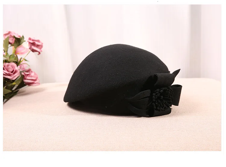 Pure Wool Felt Fascinator Wedding Hat Pillbox Hat for Women Cocktail Party Vintage Lady winter Solid Beret Hat Hostesses Cap