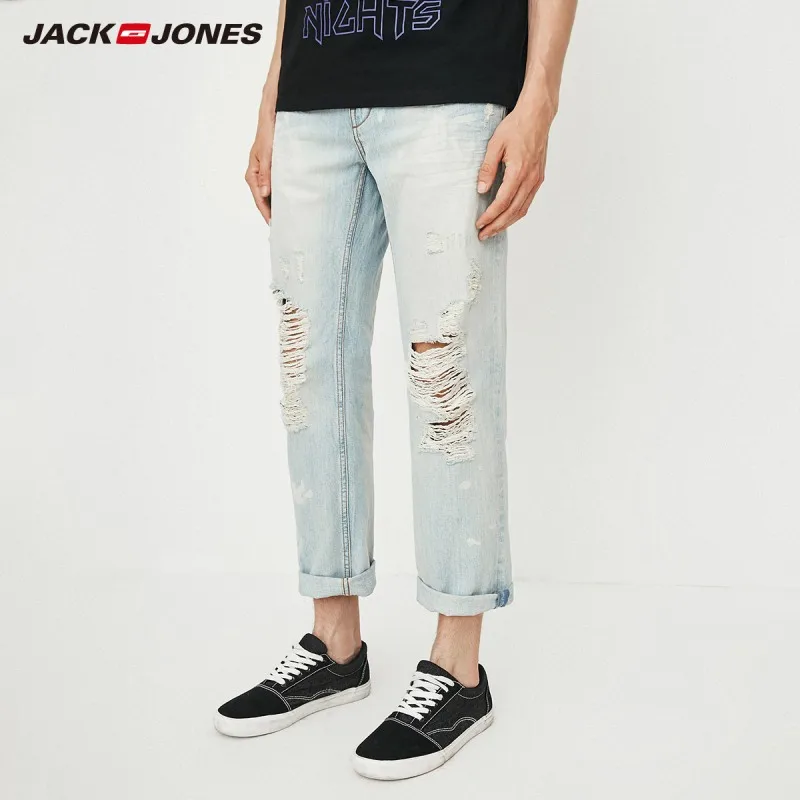 Мужские потертые укороченные джинсы JackJones свободные хлопковые длиной до