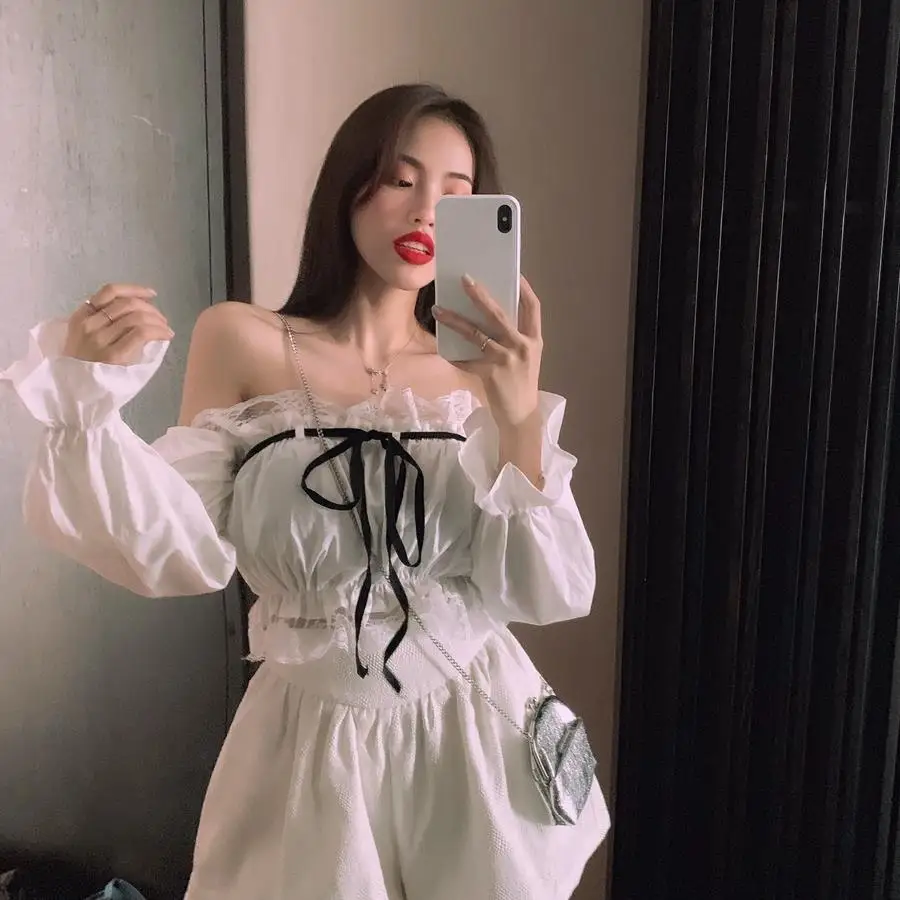 blouses & shirts Sexy Top Women Blouse With Lace Up Off Shoulder Tops Puff Sleeve White Shirt Vintage Ruffle Crop Top Solid Color Black Female shirts & tops