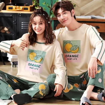 

Big Size M-3XL Lovers Pajamas Cotton Autumn Women Green Color Pajama Sets Long Sleeves Home Wear Casual Pyjamas For Couples