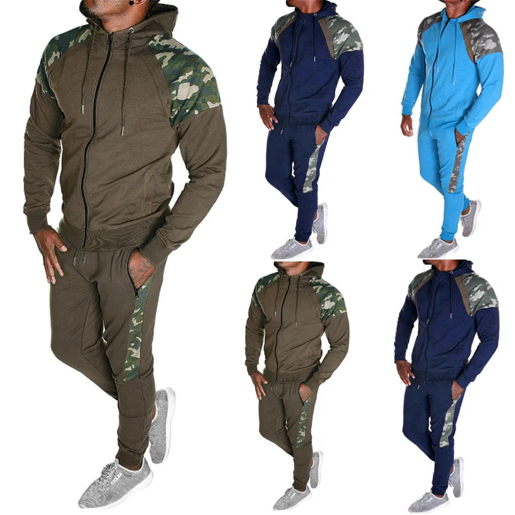 

New Men Sets Hoodies+Sweatpants Sporting Mens Autumn Splicing Zipper Print Sweatshirt Top Pants Sets Sport Suit Tracksuit S-2XL