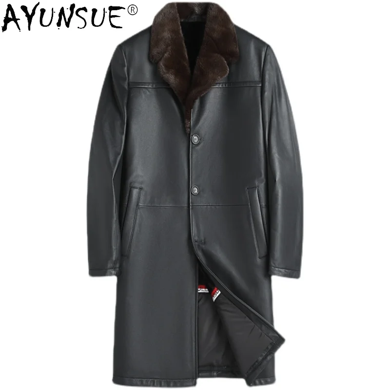 

AYUNSUE Winter Genuine Goatskin Leather Jacket Men Warm Real Leather Coat Male Long Black Korean Jackets Chaqueta Cuero Hombre