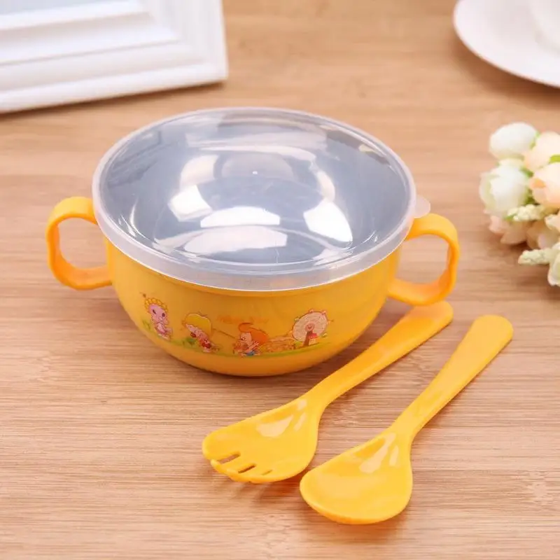 

3pcs Children's Tableware Set Baby Kids Feeding Bowl+Cover+Spoon+Fork Toddler Kids Learning Dishes Infant Baby Dinnerware 300ml