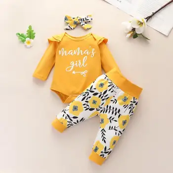 

2020 Autumn Girls Cross-Border Hot Sale Lavender Long Sleeve Romper Three - Piece Rose Trousers Turban Children 's Clothing