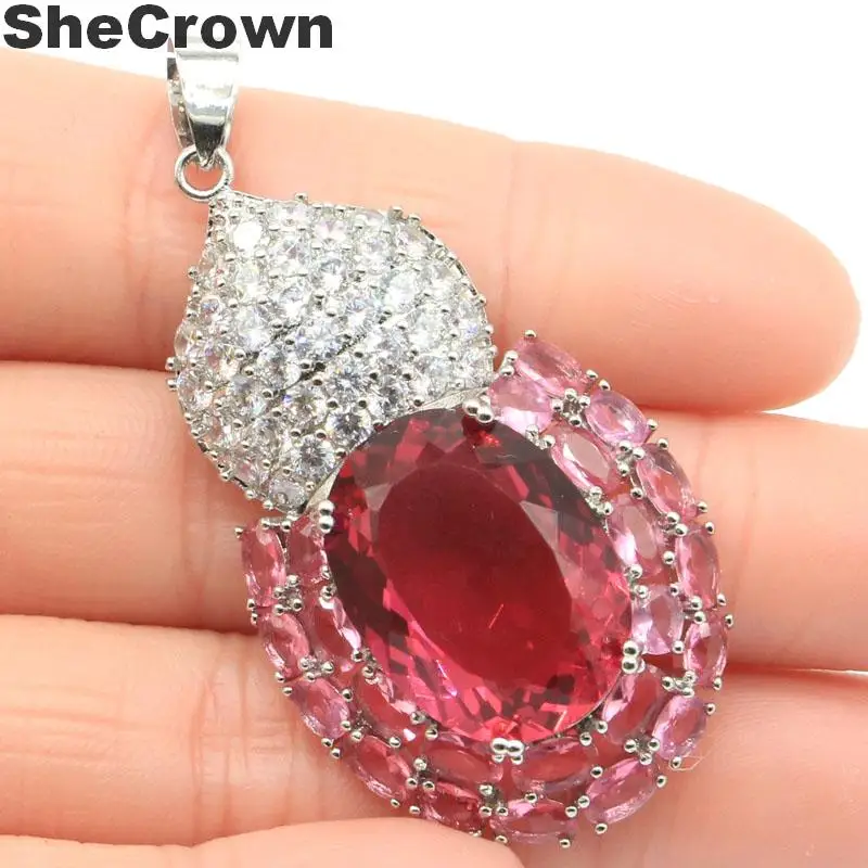 

53x26mm Luxury Top Created Long Big Pink Tourmaline White CZ PresentSilver Pendant