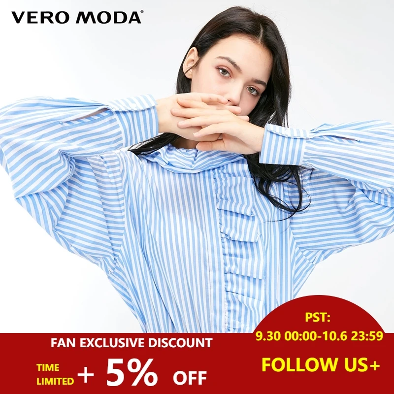 

Vero Moda Women's Ins Style Striped Ruffled Heaps Collar 100% Cotton Shirt Blouse | 318405508