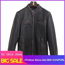 Chaqueta de cuero de motociclista de ajuste Delgado de los hombres negros de la vendimia 2020 gran tamaño XXXXL cuero de vaca genuino otoño abrigo corto de cuero de la motocicleta
