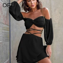 DFLlifes Puff Sleeve Bandage Women Suit Off Shoulder Strapless Solid Sexy Club Female Clothing Spring Robe for New Year 2022
