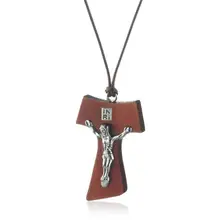 Ожерелье с кулоном из натурального дерева Тау для мужчин и женщин, Распятие Иисуса, регулируемые веревочные цепочки, INRI, Религиозные ювелирные изделия, colar MN226