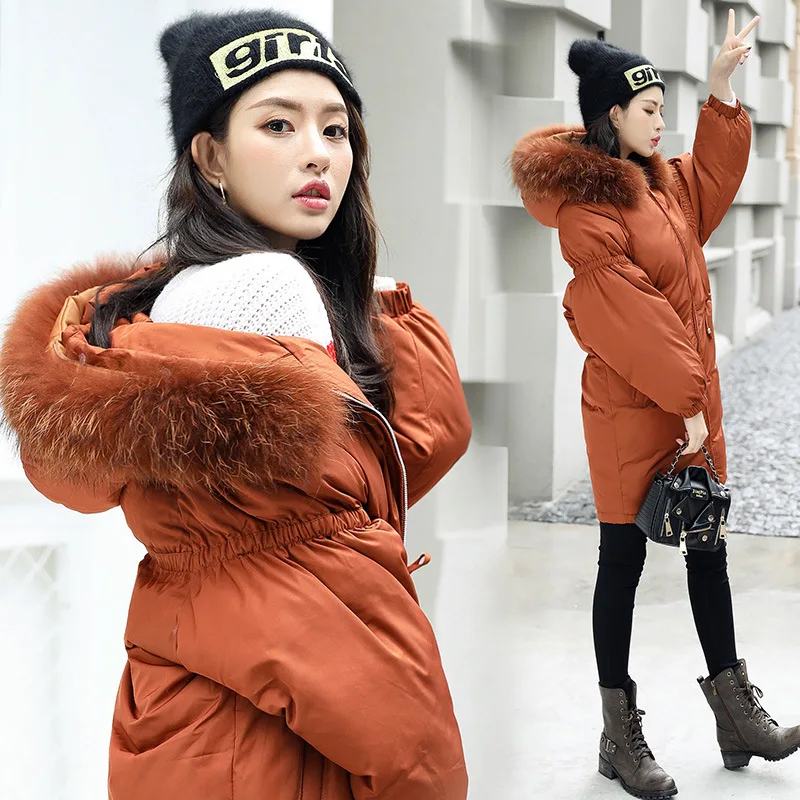 

2017 Winter New Style Korean-style Cotton-padded Clothes Women's Mid-length Thickening Large Fur Collar Hooded down Coat Solid C