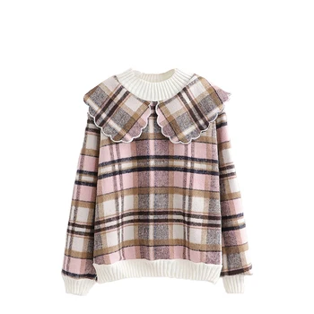 

New Autumn Winter Women's Clothing Half-height Collar Plaid Thick Lace Collar Long-sleeved Top Sweatshirt Office Lady Pullovers