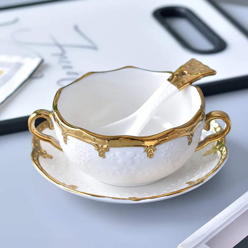 FANTERCY Tableware Creative Ceramic Bird's Nest Hotel Double Ear Soup Stewed Dessert Bowl Tray Flower Shaped Porcelain Bowls