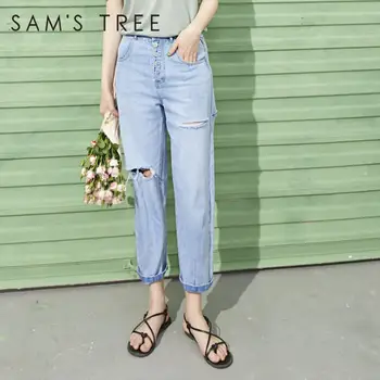 

SAM'S TREE Blue Solid High Waist Ripped Washed Korean Jeans Women 2020 Summer Chic Button Straight Casual Ladies Harem Pants