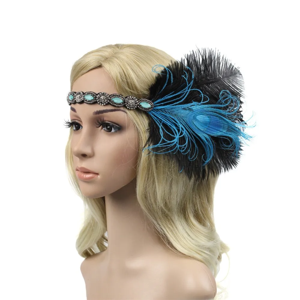 Blue 1920s головной убор, головной убор с перьями, головной убор Great Gatsby, винтажный головной убор, головные уборы, аксессуары для волос, повязки для волос - Цвет: Blue