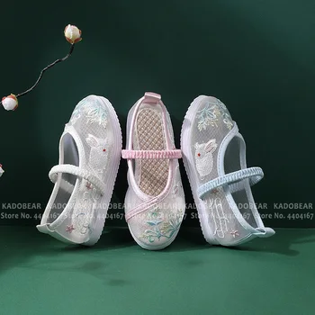 

Summer Children Embroidery Floral Bunny Cute Sandals Chinese Traditional Kids Girl Hand Woven Cloth Shoes Home Soft Flat Slipper