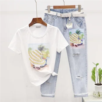 

2020 Summer New T shirt Woman Fashion Bead Sequin Beach hat Print Short sleeve T-shirt + Vintage Hole Jeans Two Piece Set H019