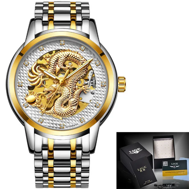 Steel gold white LIGE мужские s часы Топ люксовый бренд часы из нержавеющей стали водонепроницаемые автоматические механические мужские часы с драконом мужские Relogio Masculino+ коробка - Цвет: Steel gold white