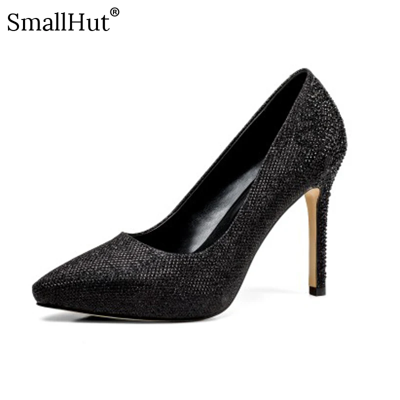 

Sequined Cloth Women High Heels Spring Autumn Elegant Ladies Thin Heels G036 Rhinestone Shallow Woman Black Pointed Toe Pumps