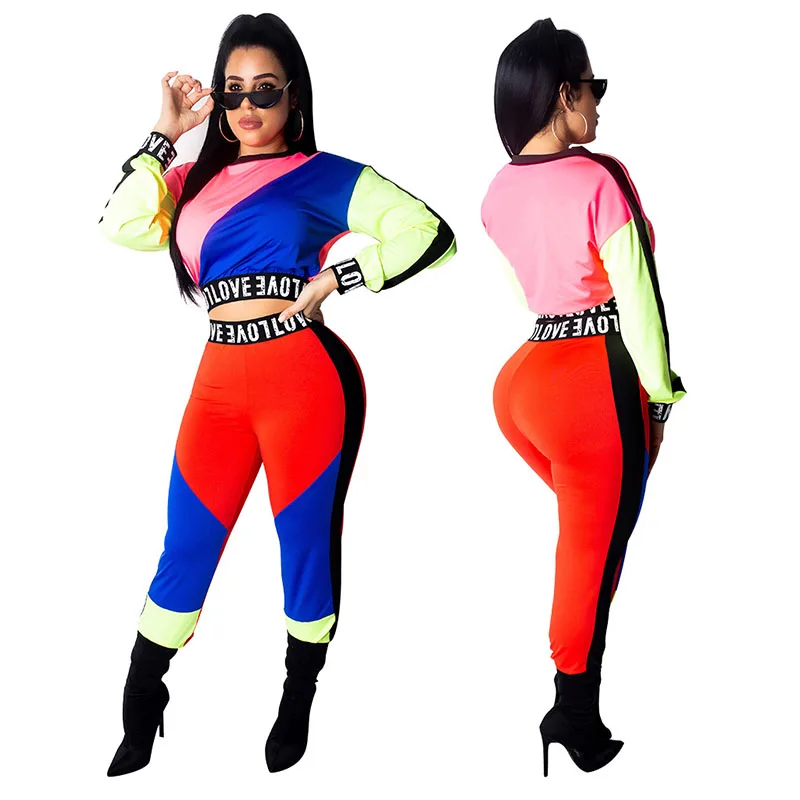 

2020 Autumn and Winter Women Suit Stitching Color Letter Printed Shirt Trousers European & American Two-Piece Set