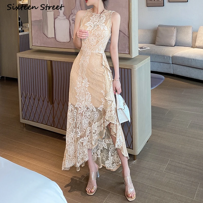 Sexy Apricot Turtleneck Patchwork Lace Mid Dress Sleeveless
