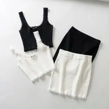 

NCLAGEN Lace Edge Two Piece Set Square Collar Crop Top Tank Hip Package Mini Skirt 2020 Summer Women Club Bodycon Sets Street